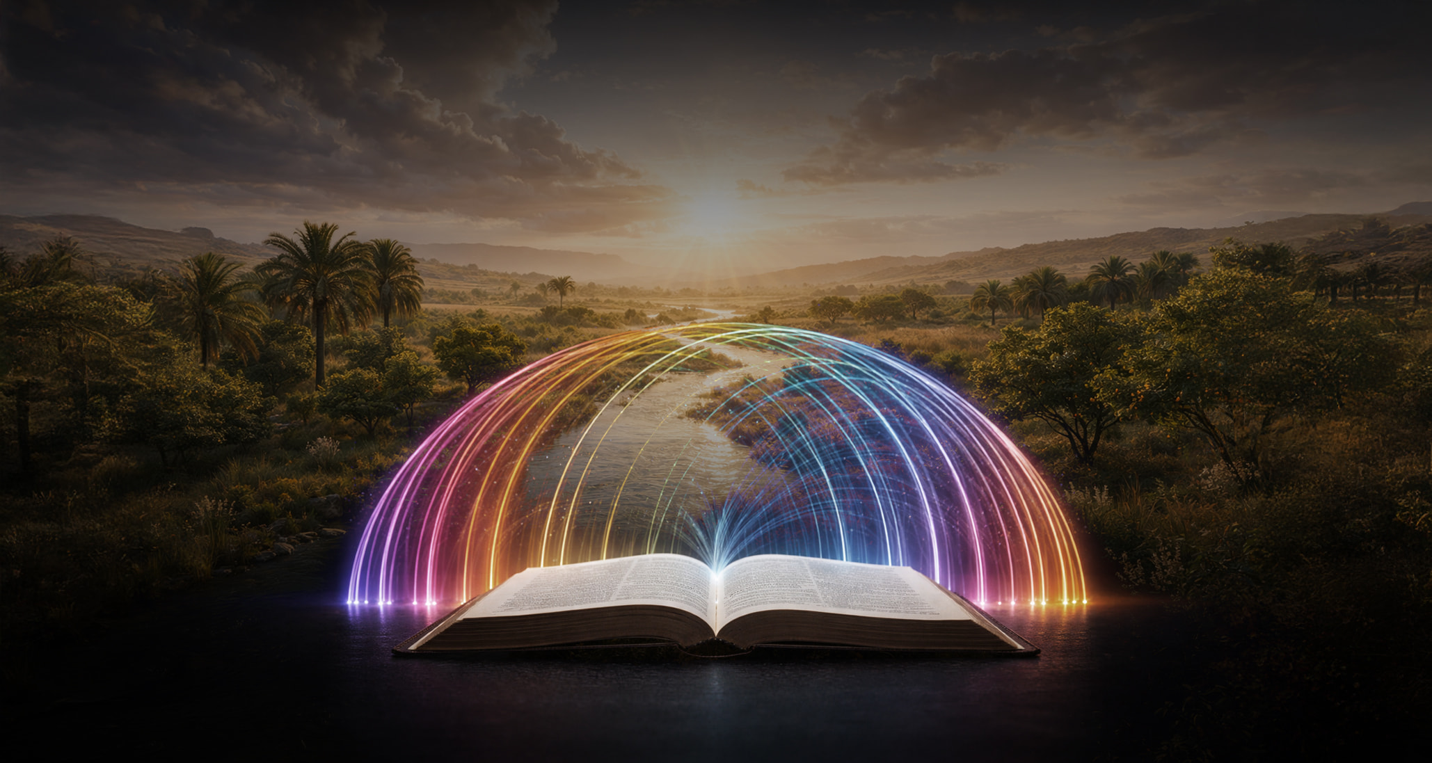 Open Bible with light radiating across Eden landscape